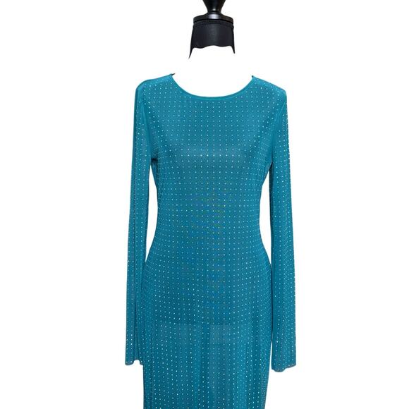 Mable teal blue rhinestone long sleeve sheer maxi dress SIZE L - Picture 3 of 6
